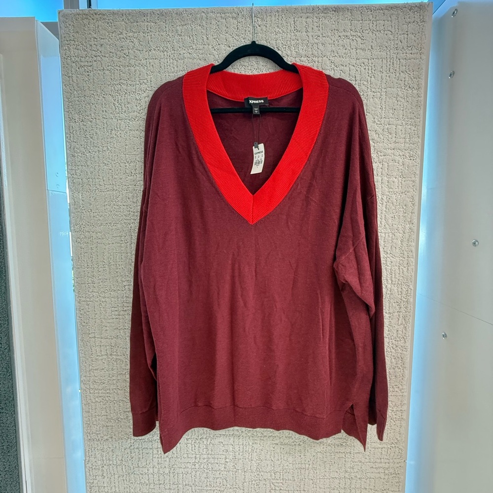 Express V-Neck Sweater with Red Trim